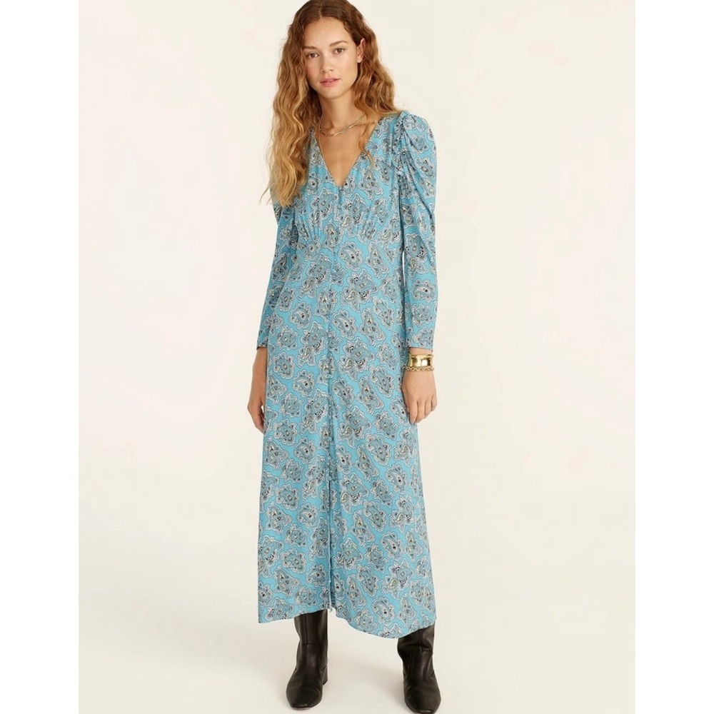 J.Crew Paisley Midi Dress Size L Blue Long‎ Puff Sleeves V Neck Button Front